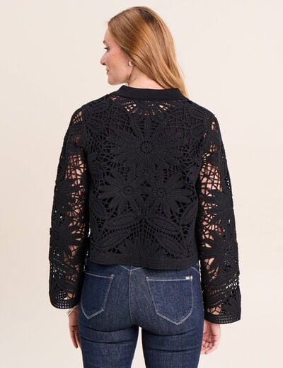 Gilet droit court col chemise dentelle noir femme