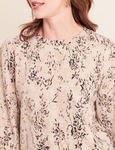 T-shirt court col rond manches longues beige femme