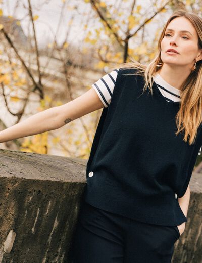 Pull sans manches à capuche bleu foncé femme