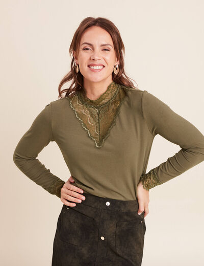 T-shirt cintr&eacute; col montant dentelle vert kaki femme