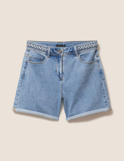 Short large taille haute en jean denim double stone femme
