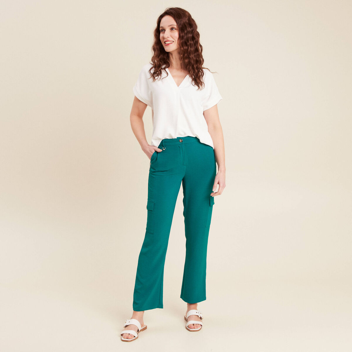 Pantalon flou cargo 7/8&egrave;me vert femme