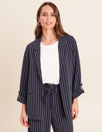 Veste droite longue manches 3/4 doubl&eacute;e bleu fonc&eacute; femme