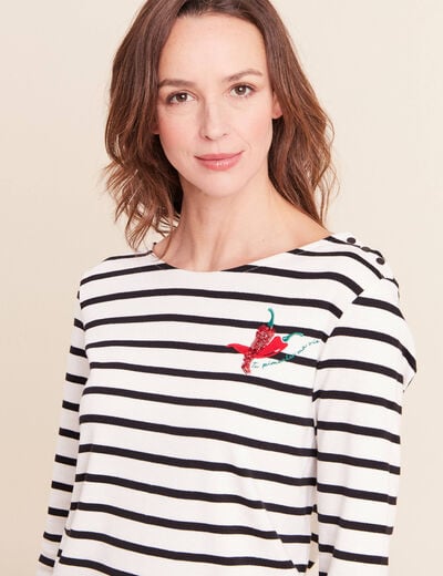 T-shirt marini&egrave;re avec broderie sequins noir femme