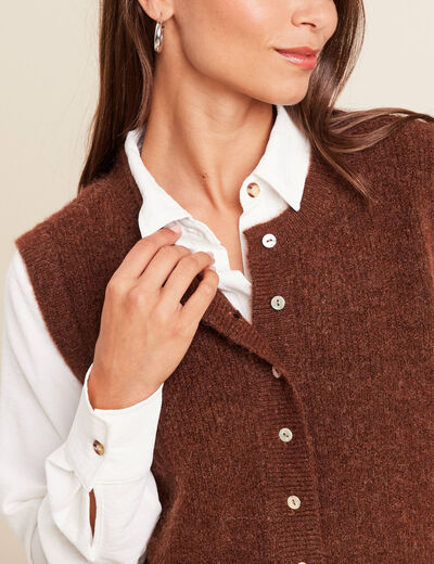 Gilet droit mi-long sans manches marron foncé femme