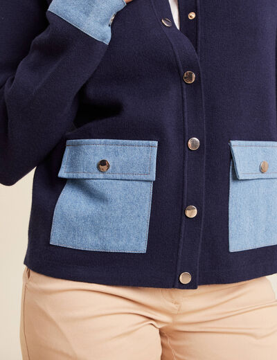 gilet droit court manches longues bleu marine femme