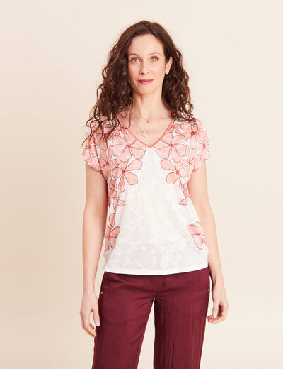 T-shirt col v manches courtes ecru femme