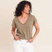 T-shirt col v manches courtes aspect lin vert kaki femme