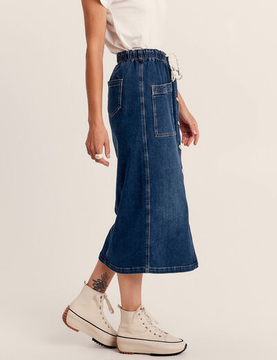 Jupe longue droite en jean denim stone femme