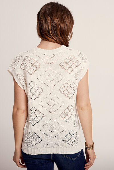 Pull manches courtes ajouré ecru femme