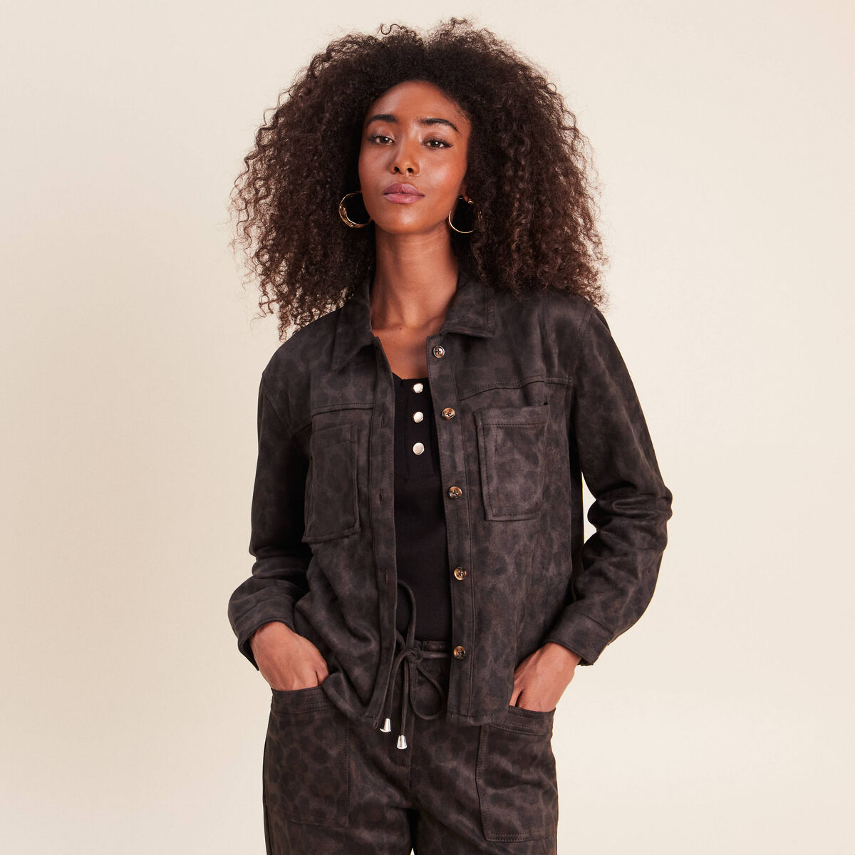Chemise droite manches longues vert kaki femme