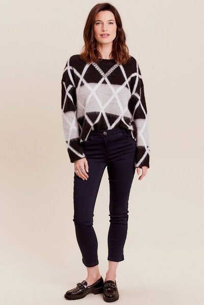Jean ajusté 7/8ème avec bandes denim brut femme