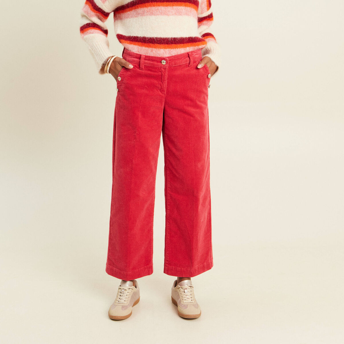 Pantalon large velours c&ocirc;tel&eacute; rouge femme