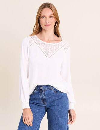 Blouse droite manches longues dentelle ecru femme