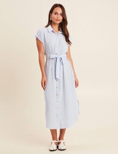 Robe longue droite col chemise bleu femme