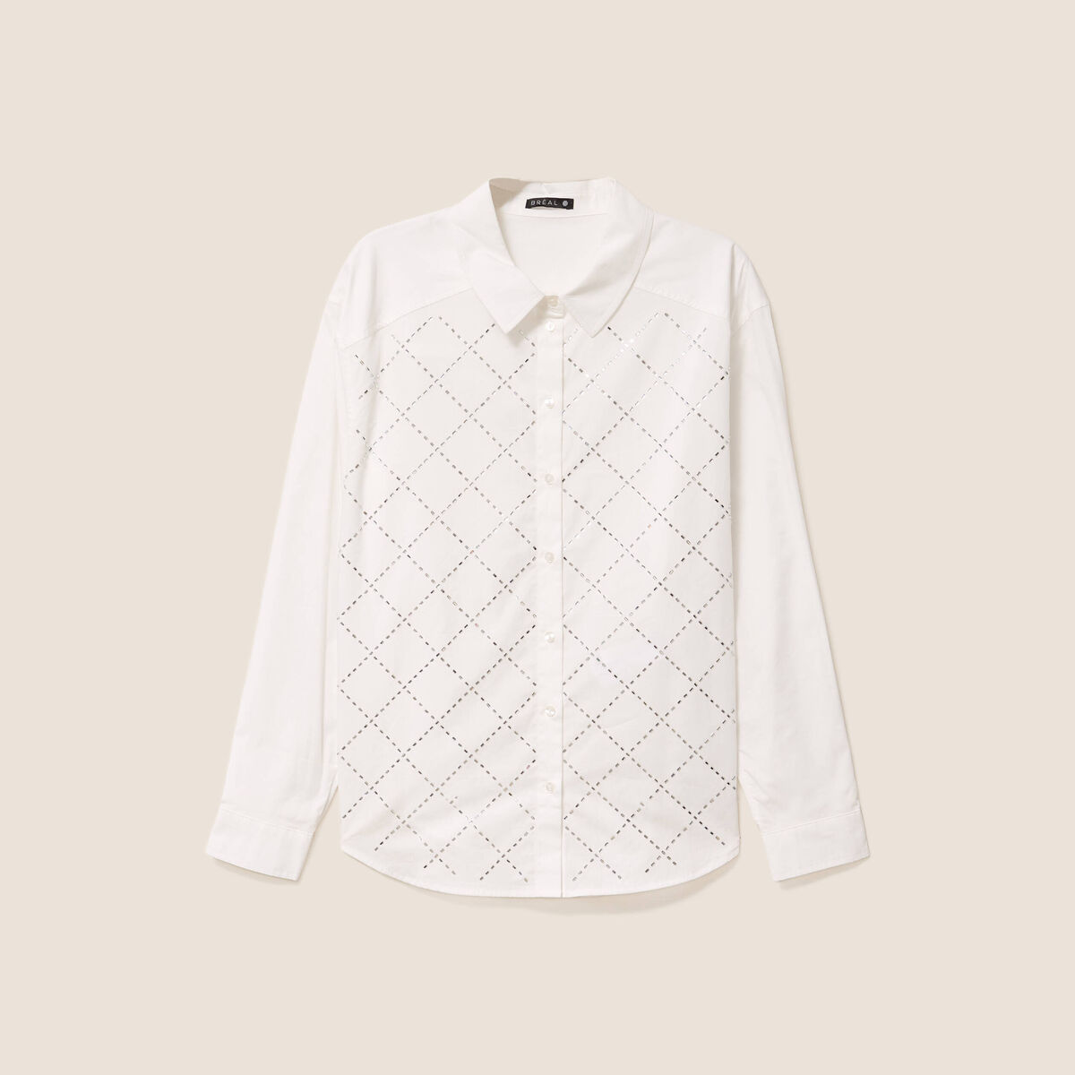Chemise manches longues en coton strass blanc femme