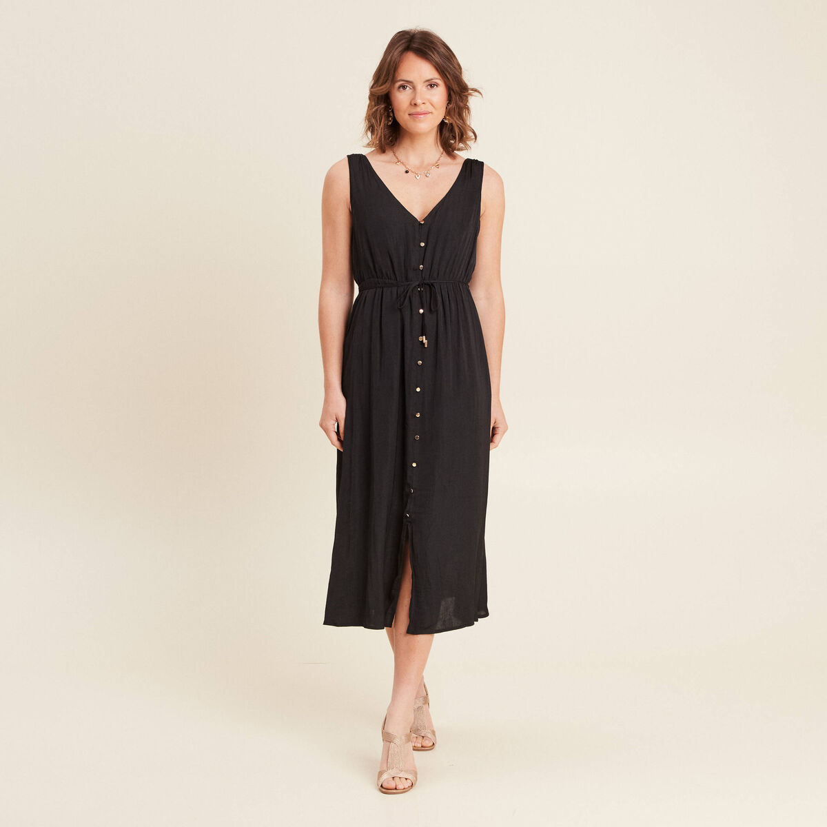 Robe midi évasée satin noir femme