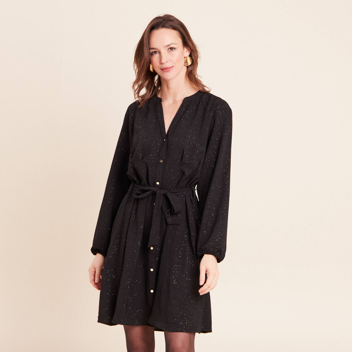 Robe courte col tunisien &agrave; paillettes noir femme