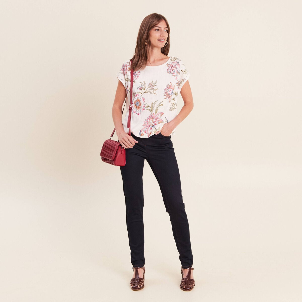 Blouse pliss&eacute;e col rond manches courtes ecru femme