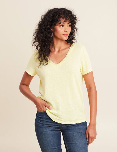 T-shirt manches courtes col en V jaune clair femme