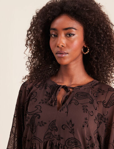 Robe courte &eacute;vas&eacute;e col v manches longues noir femme