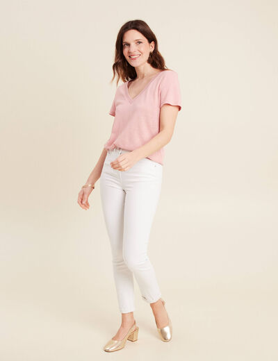 T-shirt manches courtes col en V vieux rose femme