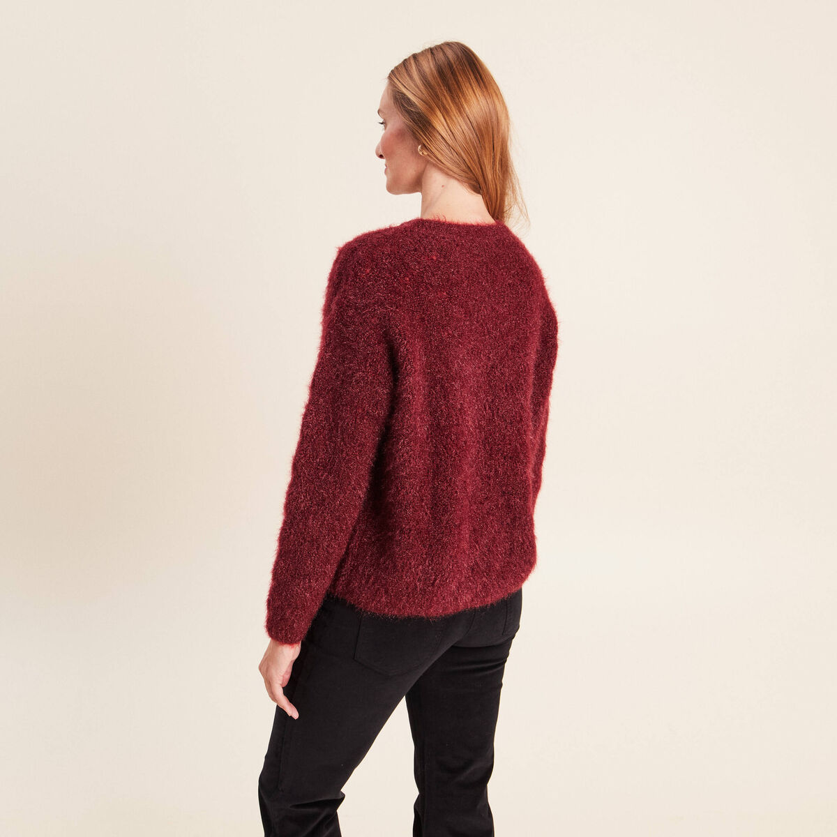 Pull ajour&eacute; col rond bordeaux femme