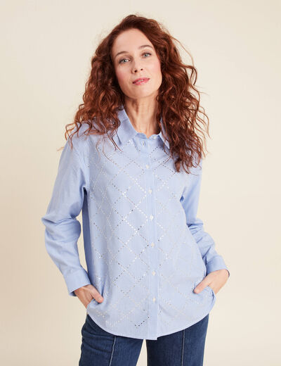 Chemise manches longues strass couleur argent femme