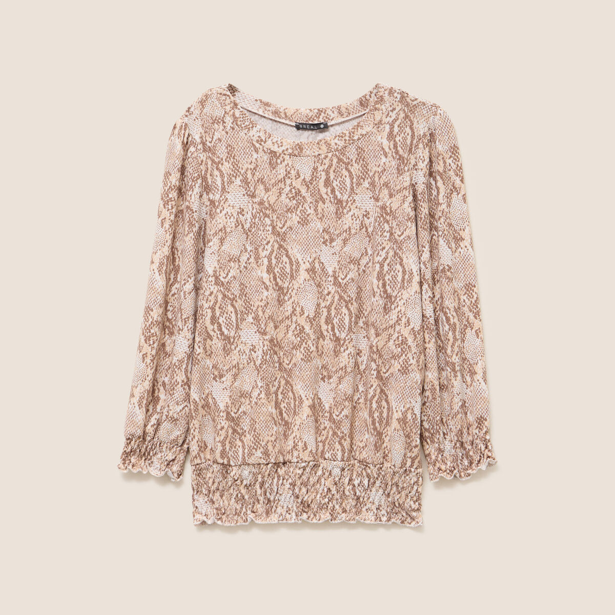 T-shirt col rond manches 3/4 beige femme