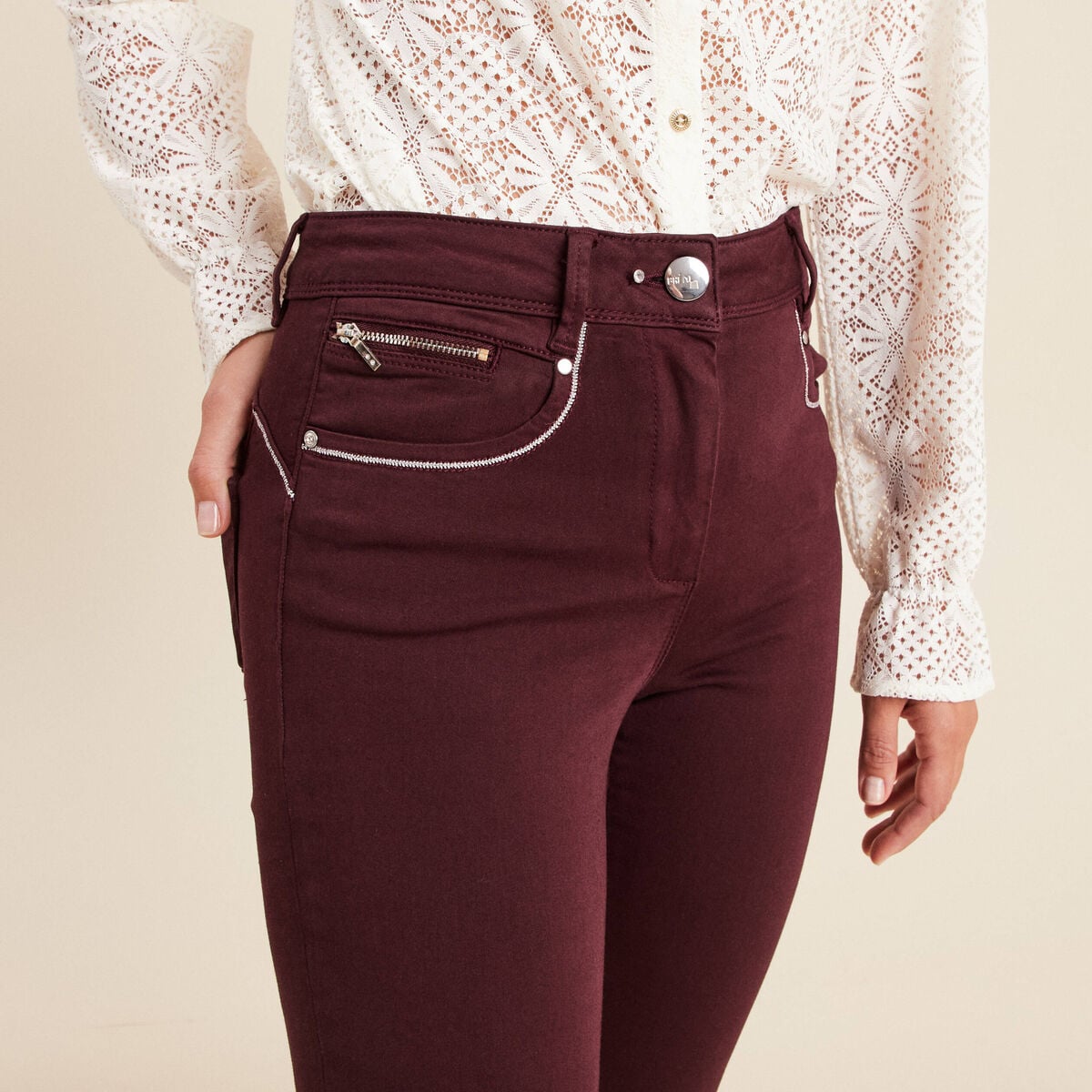 Pantalon droit taille haute bordeaux femme