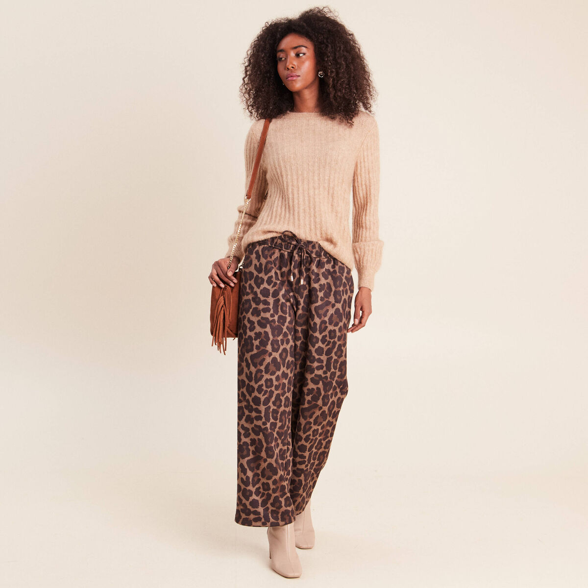 Pull col rond sable femme