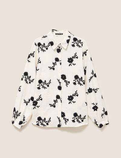 Chemise fluide brod&eacute;e manches longues blanc femme