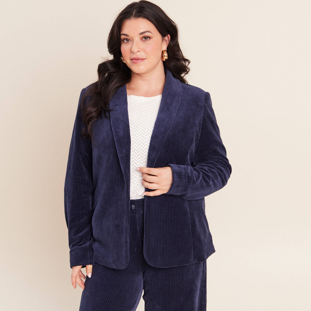 Veste tailleur velours bleu marine femme