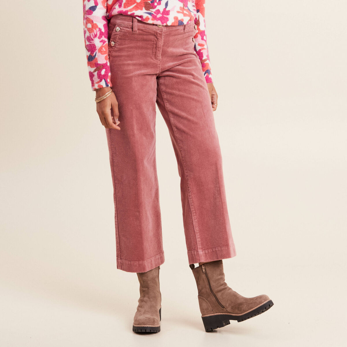 Pantalon large velours c&ocirc;tel&eacute; rose framboise femme