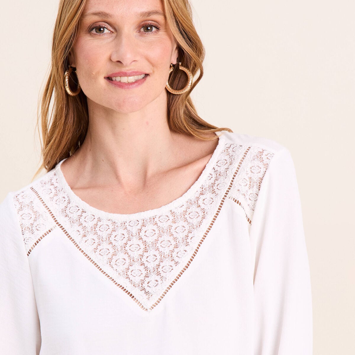 Blouse droite manches longues dentelle ecru femme