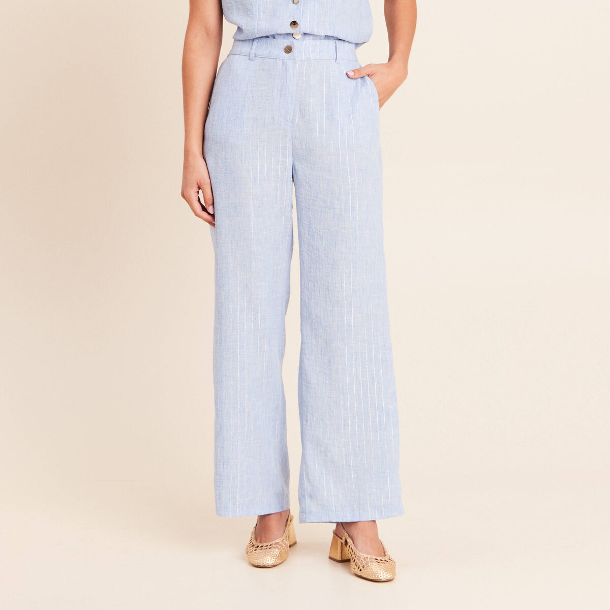 Pantalon large taille haute bleu femme