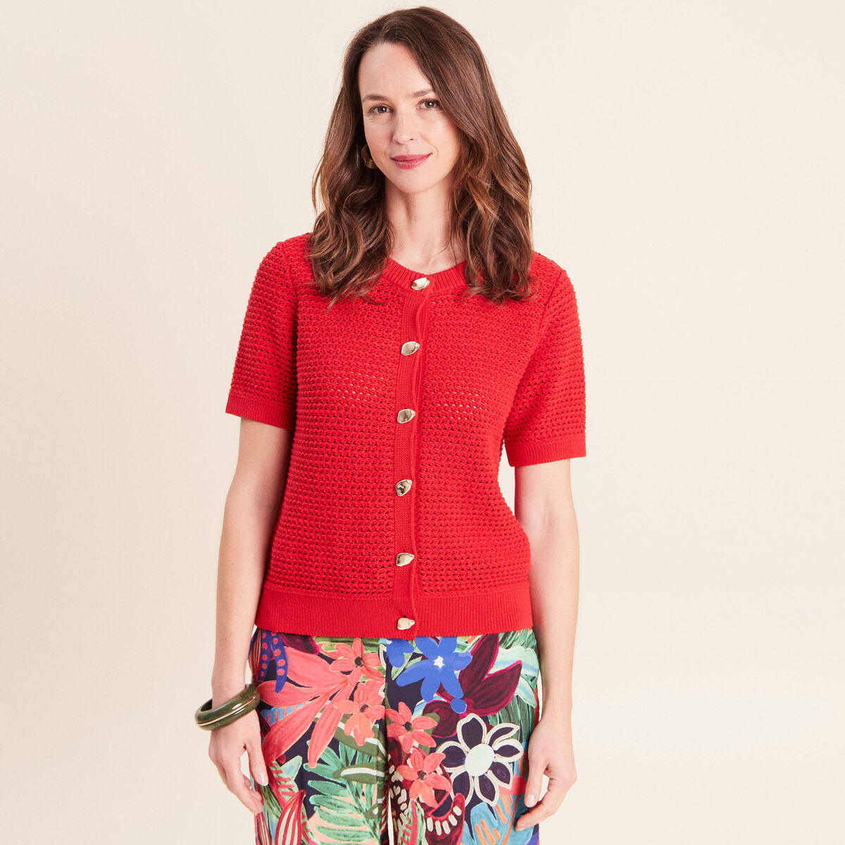 Gilet manches courtes col rond rouge femme