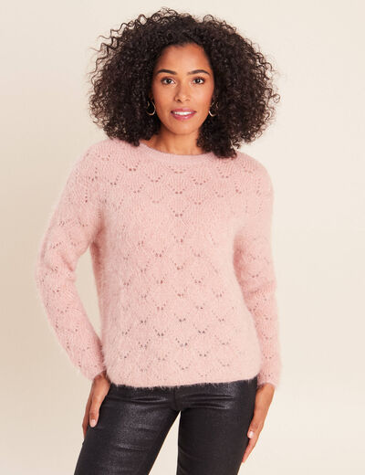 Pull ajour&eacute; col rond vieux rose femme