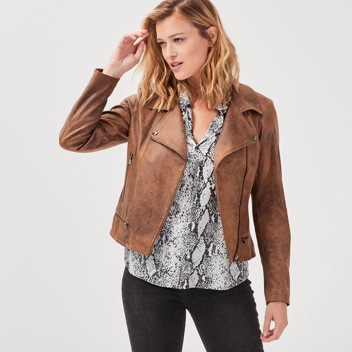 Veste esprit motard zipp&eacute;e marron fonc&eacute; femme