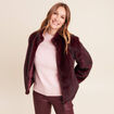 Manteau en fausse fourrure col montant bordeaux femme