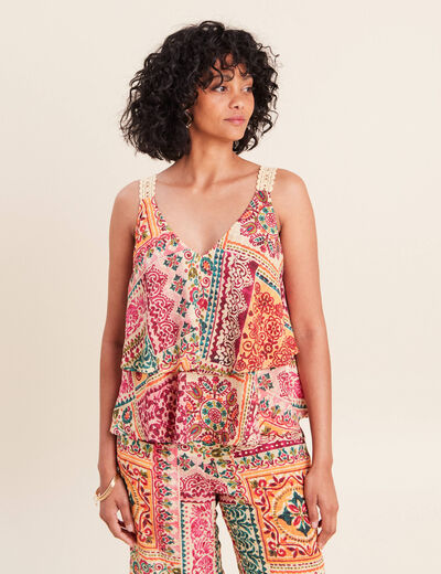 Top &agrave; bretelles volant&eacute; rose femme