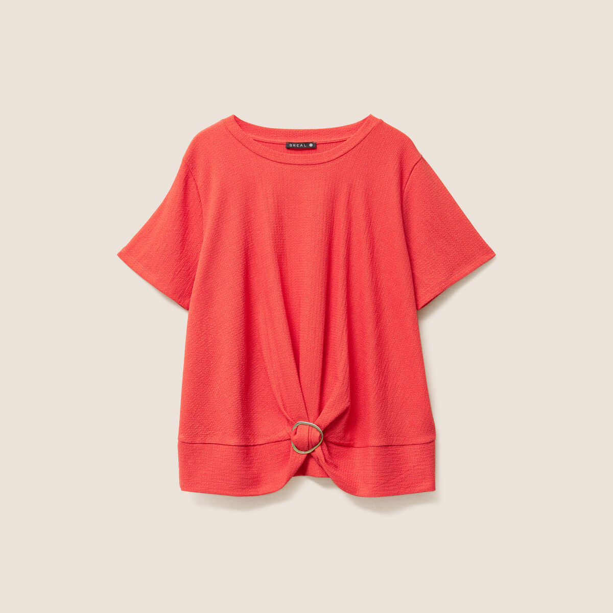 Top court bas resserré col rond rouge corail femme