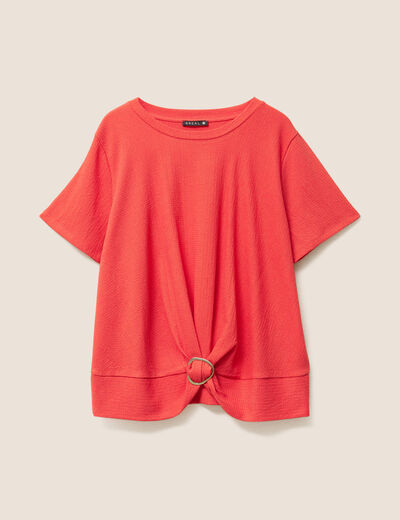 Top court bas resserré col rond rouge corail femme