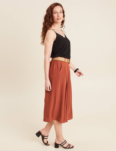 Jupe longue évasée ceinturée marron foncé femme
