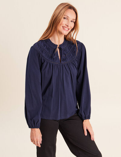 Blouse col tunisien manches longues bleu marine femme