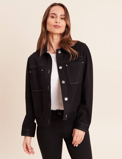 Veste droite courte manches longues denim noir femme