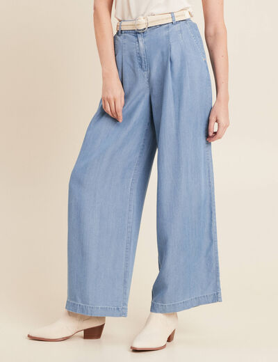 Pantalon large taille haute denim double stone femme