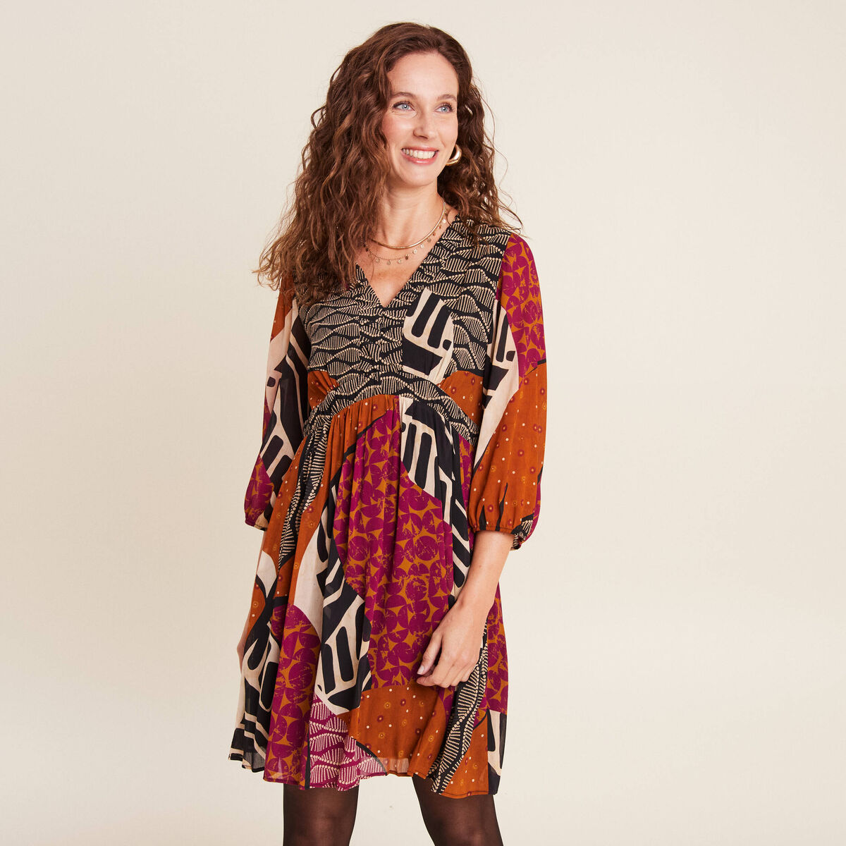 Robe &eacute;vas&eacute;e fluide manches 3/4 multicolore femme