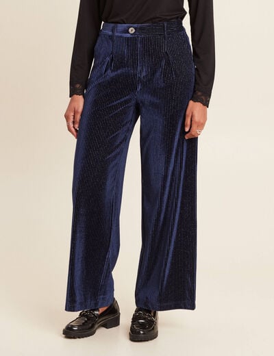 Pantalon large velours bleu fonc&eacute; femme