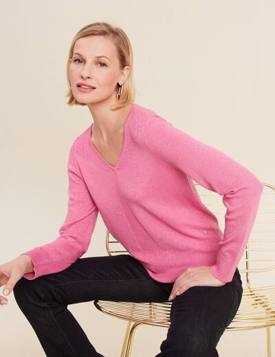 Pull manches longues col en V rose femme